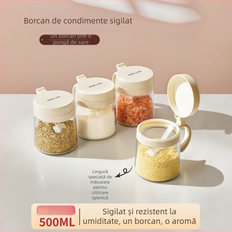 Set de borcane din sticlă pentru condimente, cu sticle de dozare și cutie de depozitare pentru bucătărie