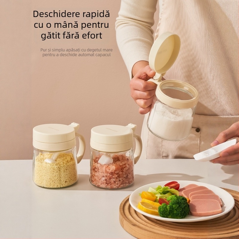 Set de borcane din sticlă pentru condimente, cu sticle de dozare și cutie de depozitare pentru bucătărie