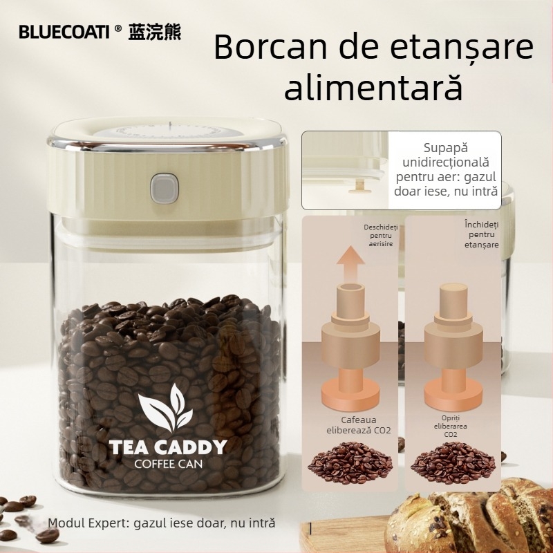 Borcan din sticlă pentru cafea boabe, capac etanș, recipient alimentar pentru ceai și gustări