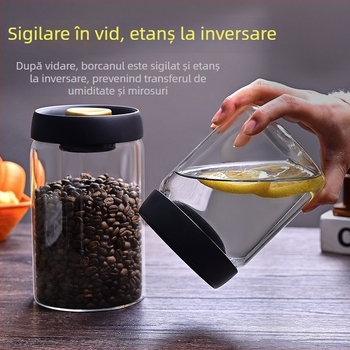Recipient din sticlă borosilicată cu capac de vid acționat prin apăsare, pentru depozitarea cafelei boabe și cerealelor