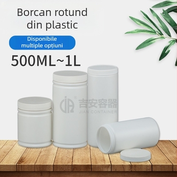Recipient din plastic alb cu gât larg, capac intern și peliculă sigilantă, pentru pulberi, cilindric drept, 500 ml/750 ml/1 L