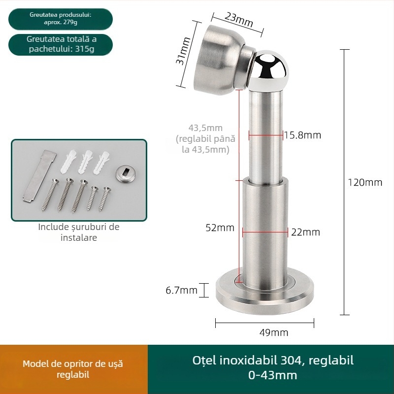 Stoper de ușă din oțel inoxidabil 304, reglabil, cu fixare magnetică pe perete, pentru baie