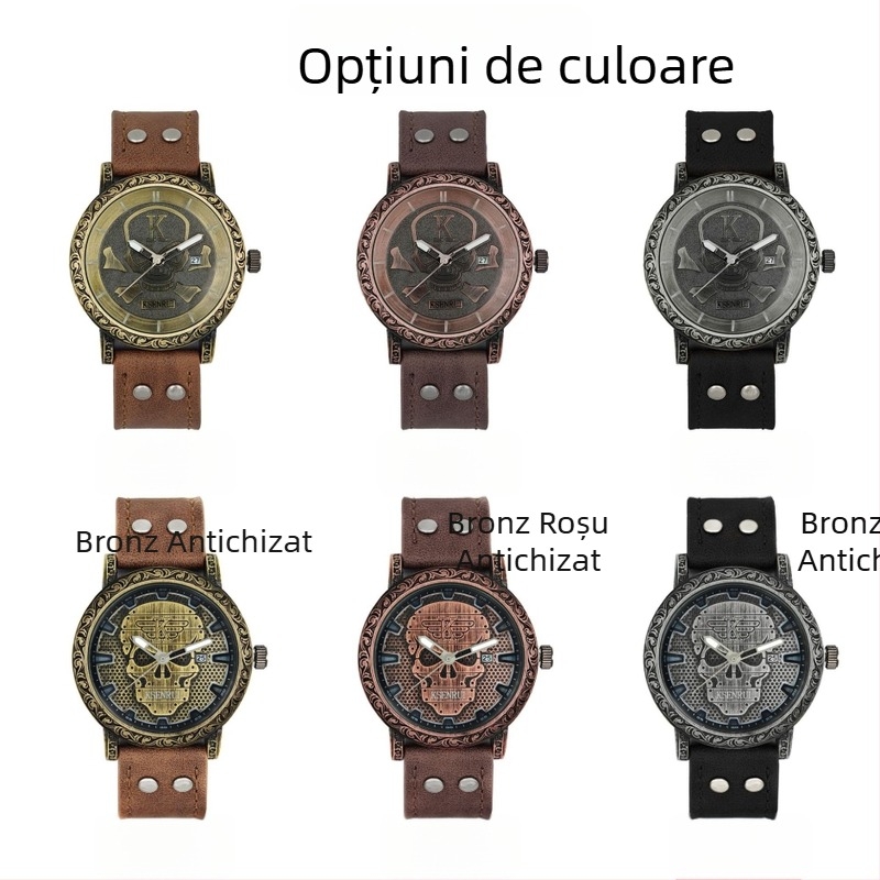 KSENRUI Ceas bărbătește vintage cu calendar, quartz, curea din piele, nuanță bronz cu motiv craniu