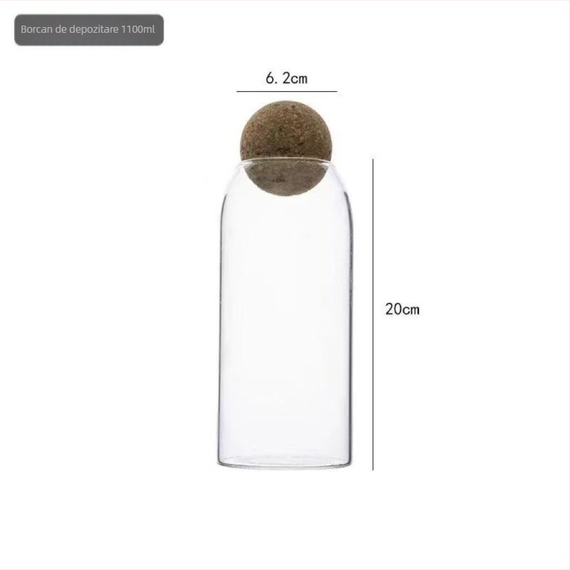 Recipient din sticlă în stil japonez minimalist, cu dop rotund din plută, spațiu de depozitare transparent pentru ceai, bomboane și produse uscate