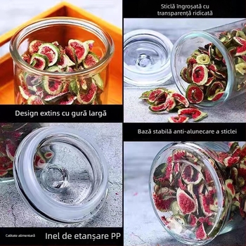 Borcan de sticlă transparent cu capac etanș pentru depozitare ceai și cereale în bucătărie