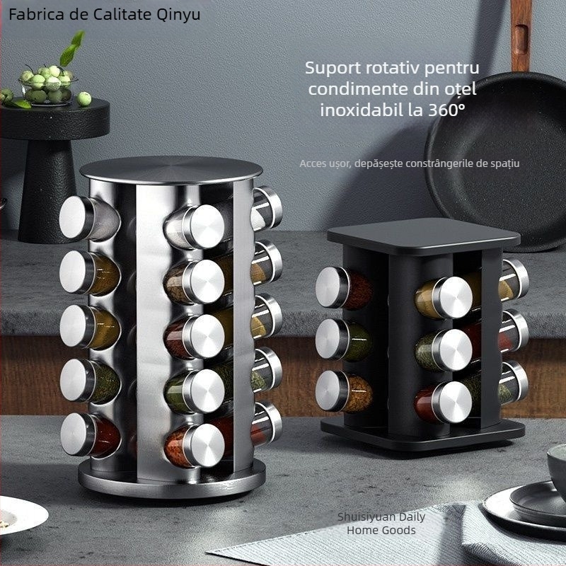 Raft pentru condimente din oțel inoxidabil, cu mai multe etaje, design nordic pentru bucătărie, platformă rotativă la 360° pentru sticle de condimente pe blat