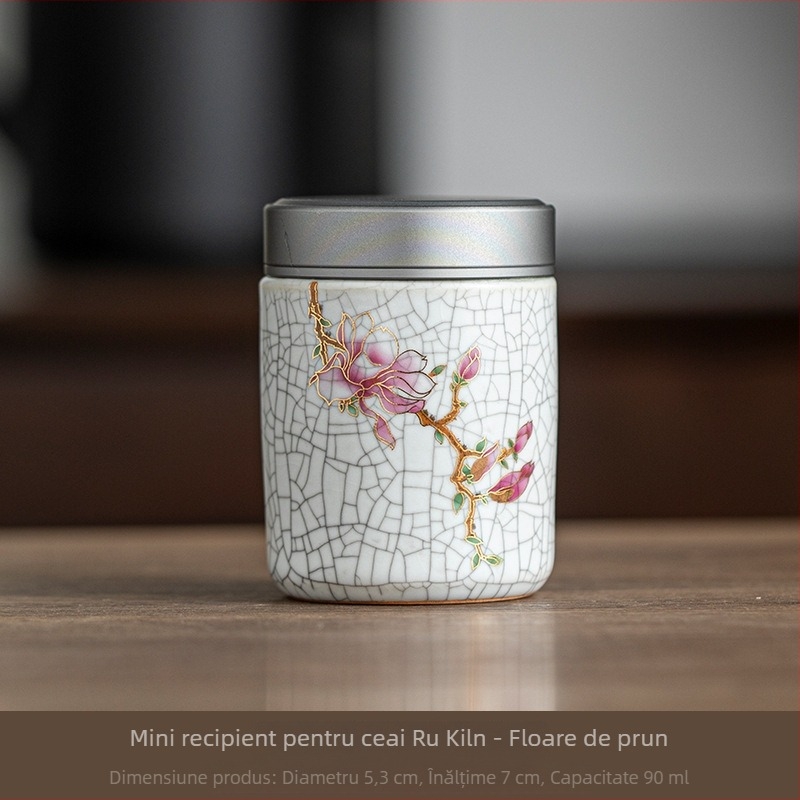 Recipient ceramic pentru ceai cu capac metalic, stil retro, mic, 5,3 × 7 cm, modele: magnolie, frunză de banană, bambus, bujor
