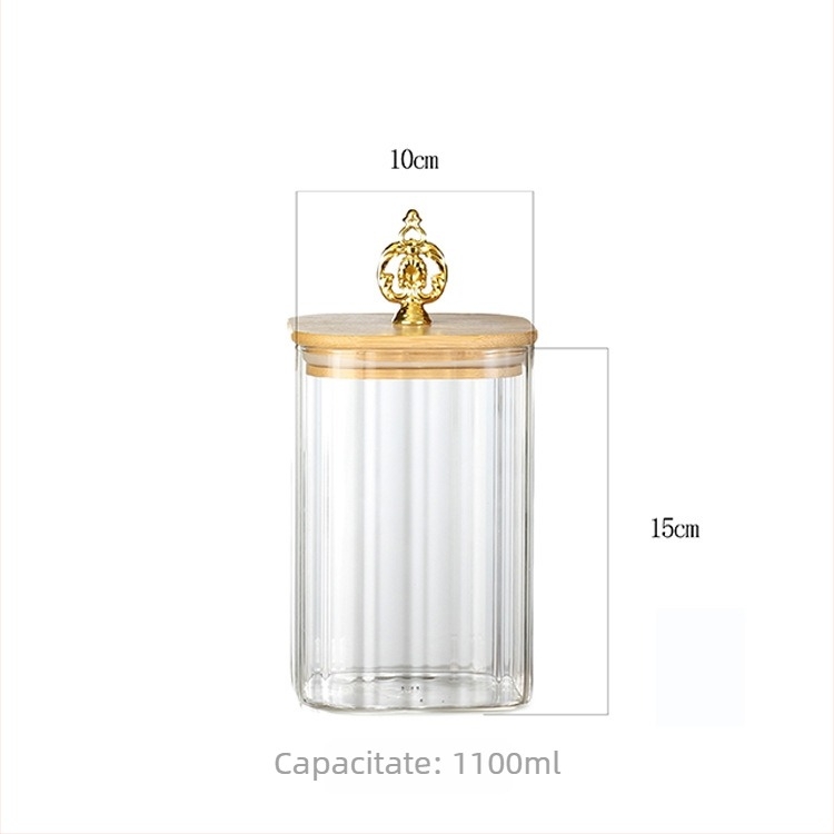 Borcan din sticlă sigilat, dungi, capac din lemn, borcan de ceai în stil chinezesc nou, borcan pentru gustări și depozitare, 800–1000 ml