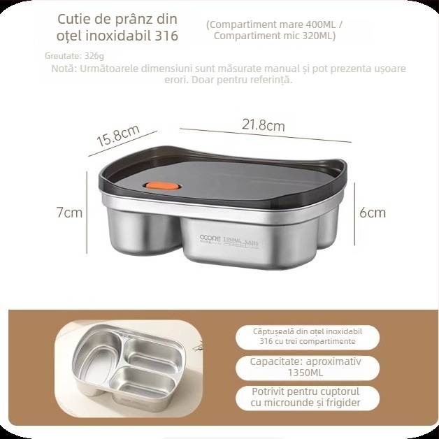 Cutie pentru prânz din oțel inoxidabil 304, cu trei compartimente, sigilată, compatibilă cu microunde, 1–2 L
