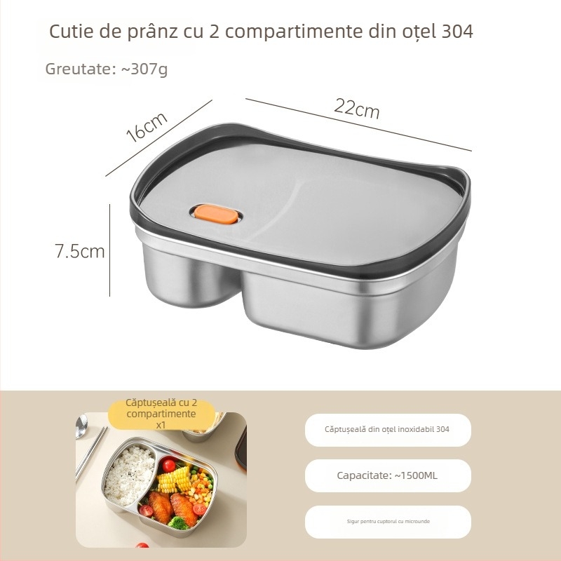 Cutie pentru prânz din oțel inoxidabil 304, cu trei compartimente, sigilată, compatibilă cu microunde, 1–2 L