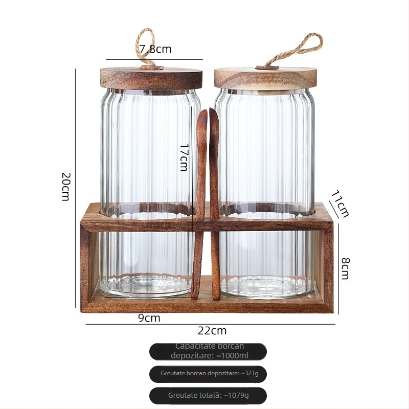 Borcan de stocare din sticlă transparent cu dungi verticale, capacitate mare, multifuncțional pentru depozitare ceai în bucătăria de acasă