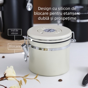 Recipient din oțel inoxidabil 304 pentru cafea, cu vid, ventilație unidirecțională, recipient sigilat pentru cafea măcinată și pudră de lapte, rotund, 1-2 L