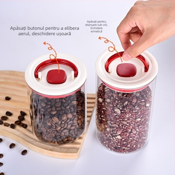 Borcan din sticlă pentru depozitare, sigilat prin vid, capac cilindric de apăsare, 301–500 ml pentru cereale și fructe uscate