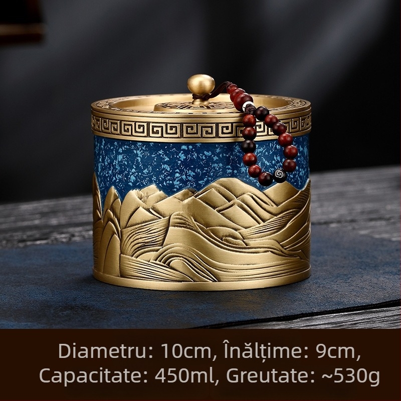 Cutie de ceai din alamă, design luxos, recipient etanș pentru depozitare ceai, cu model Mii de râuri și munți
