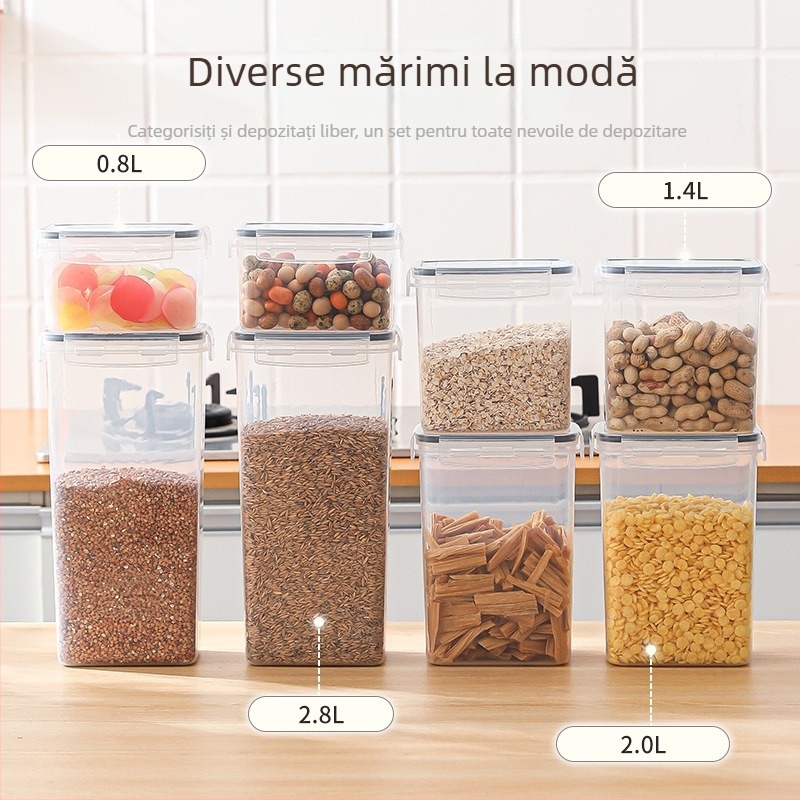 Recipient mare din plastic, sigilat, pentru bucătărie, de calitate alimentară, pentru cereale, nuci și fructe uscate; păstrează prospețimea.