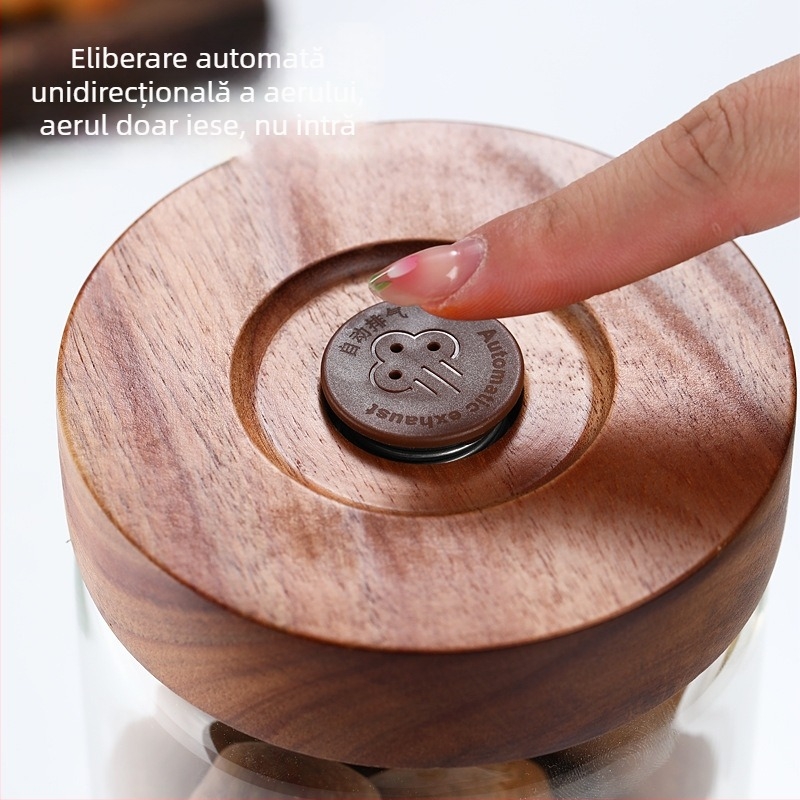 Recipient din sticlă sigilat pentru boabe de cafea cu supapă unidirecțională, borcan pentru cafea măcinată, borcan cu coajă uscată de mandarină și capac din lemn, borcan din sticlă pentru ceai