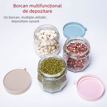 Borcane din sticlă etanșe pentru depozitare alimentară: nuci, zahăr cristal și condimente cu piper