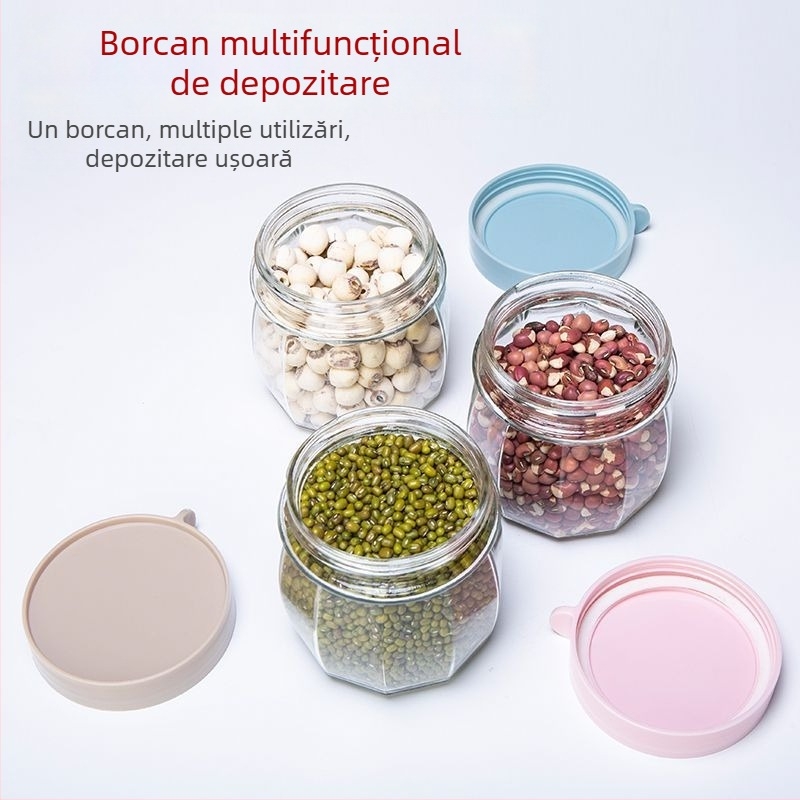 Borcane din sticlă etanșe pentru depozitare alimentară: nuci, zahăr cristal și condimente cu piper