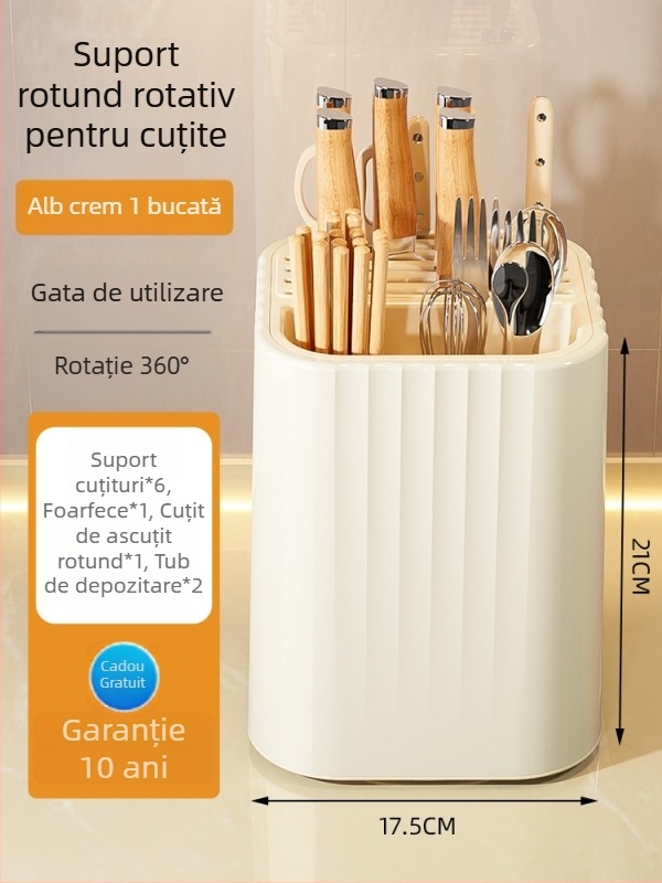 Suport rotativ pentru cuțite și tacâmuri de bucătărie, organizator integrat pentru linguri și bețișoare, raft tubular pentru montare pe perete