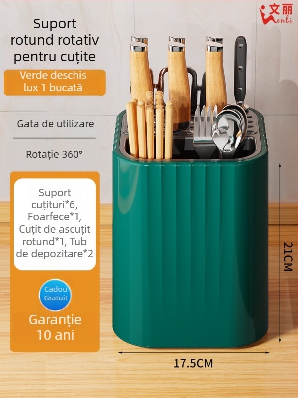 Suport rotativ pentru cuțite și tacâmuri de bucătărie, organizator integrat pentru linguri și bețișoare, raft tubular pentru montare pe perete