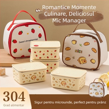 Cutie prânz din oțel inoxidabil 304 cu capac, izolată și sigilată, pătrată, 800–1000 ml, stil drăguț de desene animate, pentru elevi