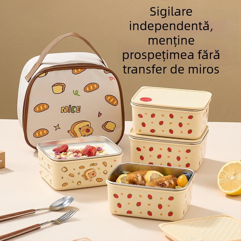 Cutie prânz din oțel inoxidabil 304 cu capac, izolată și sigilată, pătrată, 800–1000 ml, stil drăguț de desene animate, pentru elevi