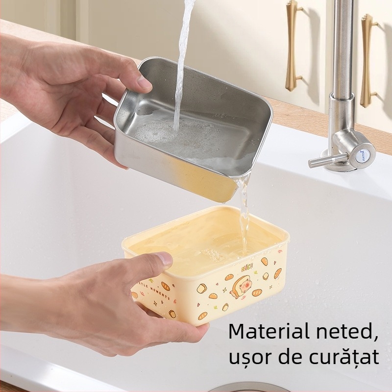 Cutie prânz din oțel inoxidabil 304 cu capac, izolată și sigilată, pătrată, 800–1000 ml, stil drăguț de desene animate, pentru elevi
