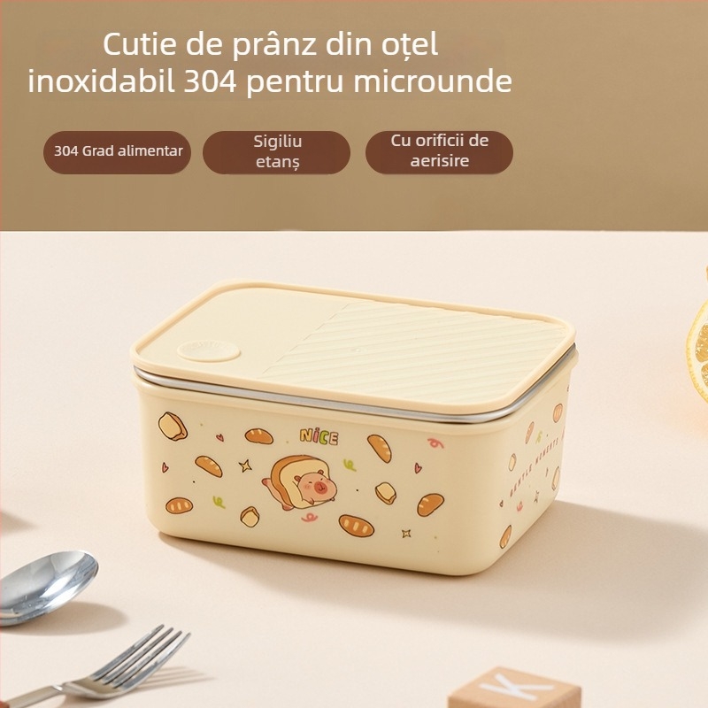 Cutie prânz din oțel inoxidabil 304 cu capac, izolată și sigilată, pătrată, 800–1000 ml, stil drăguț de desene animate, pentru elevi