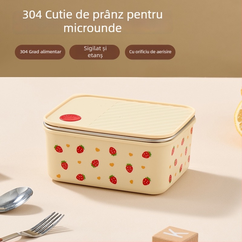 Cutie prânz din oțel inoxidabil 304 cu capac, izolată și sigilată, pătrată, 800–1000 ml, stil drăguț de desene animate, pentru elevi