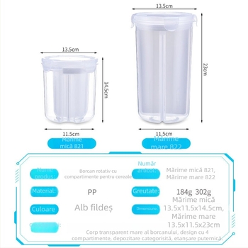 Recipient plastic clar cu capac rotativ pentru depozitare cereale și alimente uscate