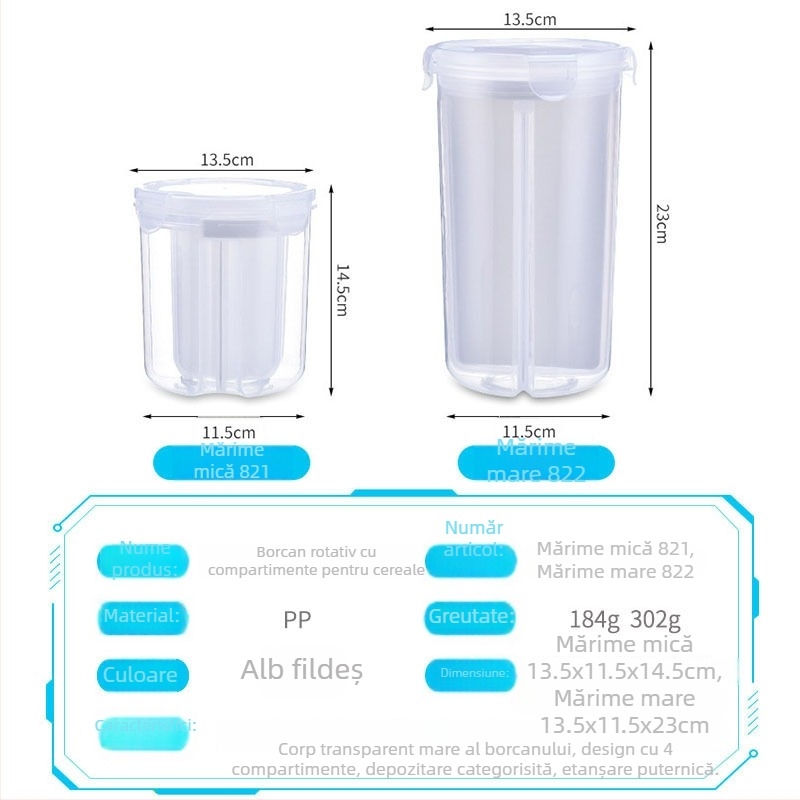 Recipient plastic clar cu capac rotativ pentru depozitare cereale și alimente uscate