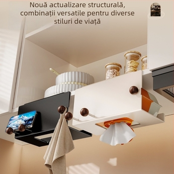 Cutie din lemn pentru hârtie de bucătărie cu raft de depozitare, suport multifuncțional pentru telefon, cutie de șervețele cu orientare inversă și organizator pentru șervețele ude