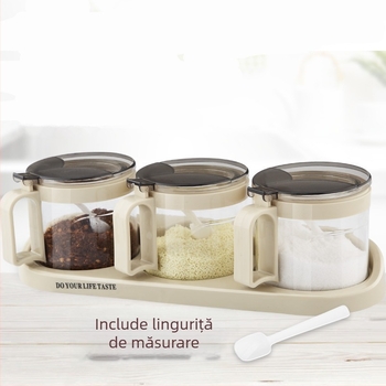 Borcan de sticlă pentru condimente cu linguriță și bază, recipient de bucătărie cu compartimente pentru condimente solide