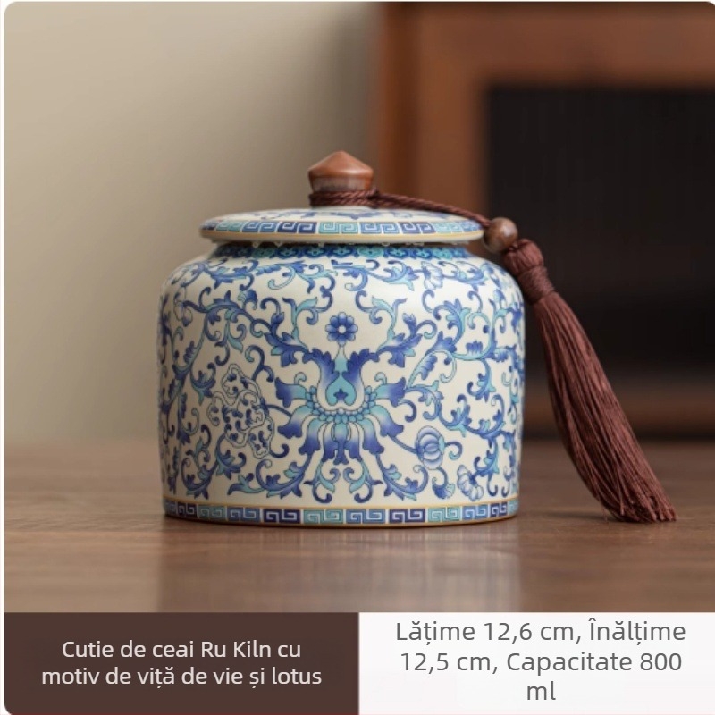 Cutie ceramică pentru ceai în stil albastru și alb, Ru kiln, cu capacitate mare, depozitare etanșă pentru ceai verde, ceai alb și Pu'er; protecție împotriva umezelii și prafului