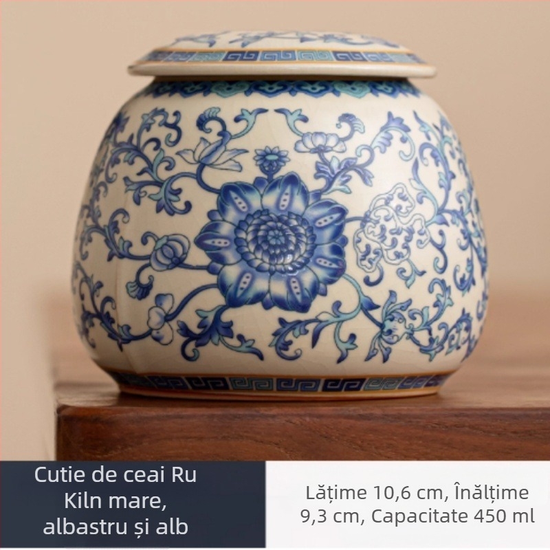 Cutie ceramică pentru ceai în stil albastru și alb, Ru kiln, cu capacitate mare, depozitare etanșă pentru ceai verde, ceai alb și Pu'er; protecție împotriva umezelii și prafului