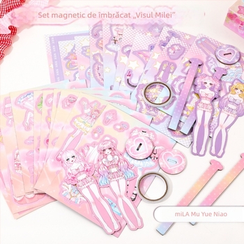 Set magnetic Mira pentru schimbarea ținutei cu scenă și magnet pentru frigider – autocolante decorative pentru fete, cutie cadou, jucărie educațională DIY