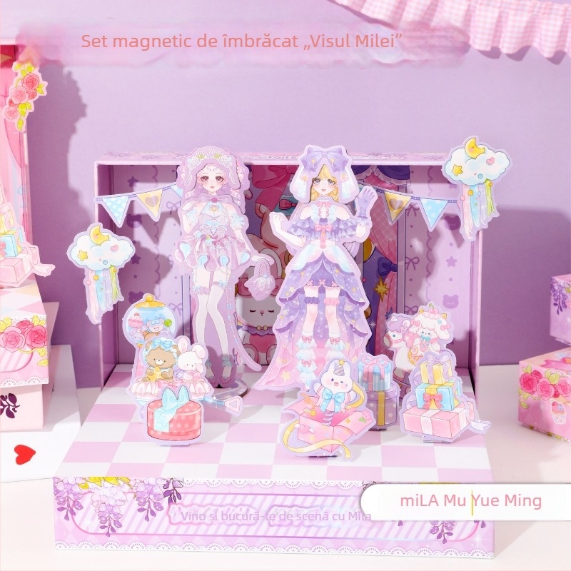 Set magnetic Mira pentru schimbarea ținutei cu scenă și magnet pentru frigider – autocolante decorative pentru fete, cutie cadou, jucărie educațională DIY