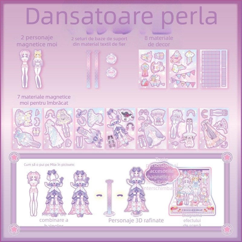 Set magnetic Mira pentru schimbarea ținutei cu scenă și magnet pentru frigider – autocolante decorative pentru fete, cutie cadou, jucărie educațională DIY
