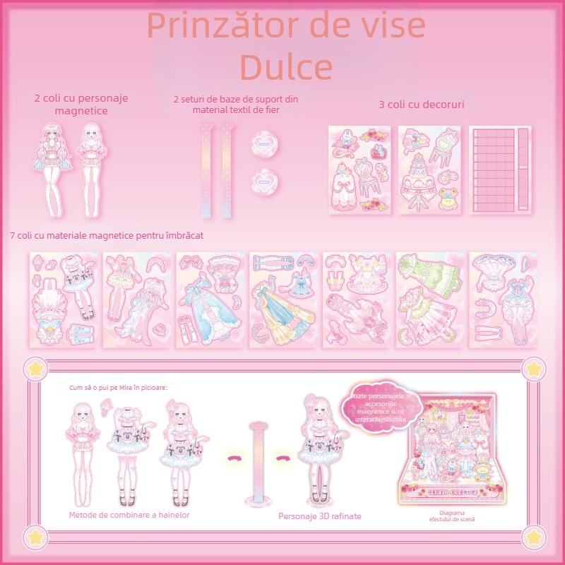 Set magnetic Mira pentru schimbarea ținutei cu scenă și magnet pentru frigider – autocolante decorative pentru fete, cutie cadou, jucărie educațională DIY