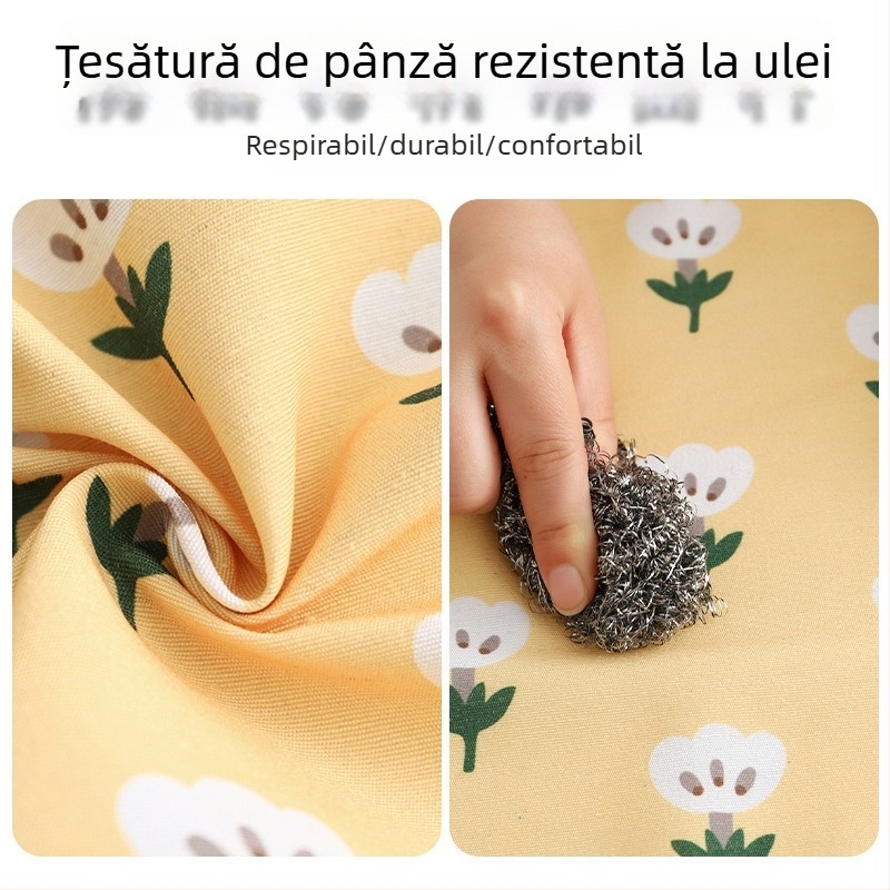 Șorț din pânză, cu mâneci lungi, în stil pastoral, pentru bucătărie; rezistent la ulei și pete