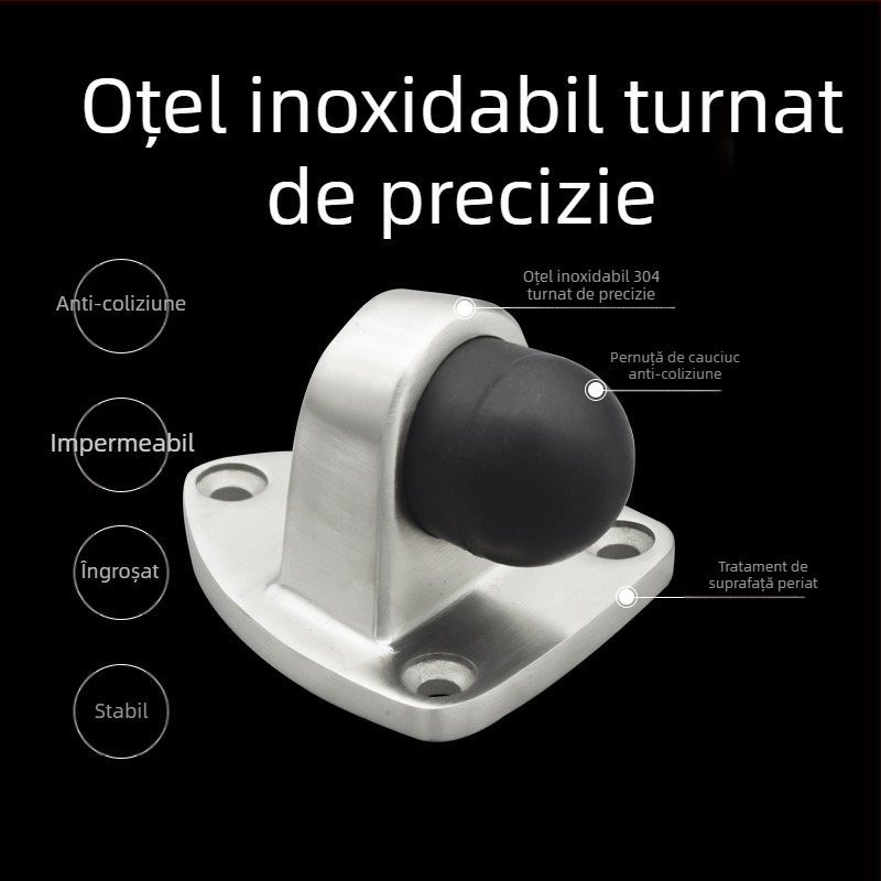 Stoper de ușă din oțel inoxidabil 304, extins și îngroșat, amortizor anti-coliziune pentru uși de baie și uși din sticlă, poziționator din cauciuc
