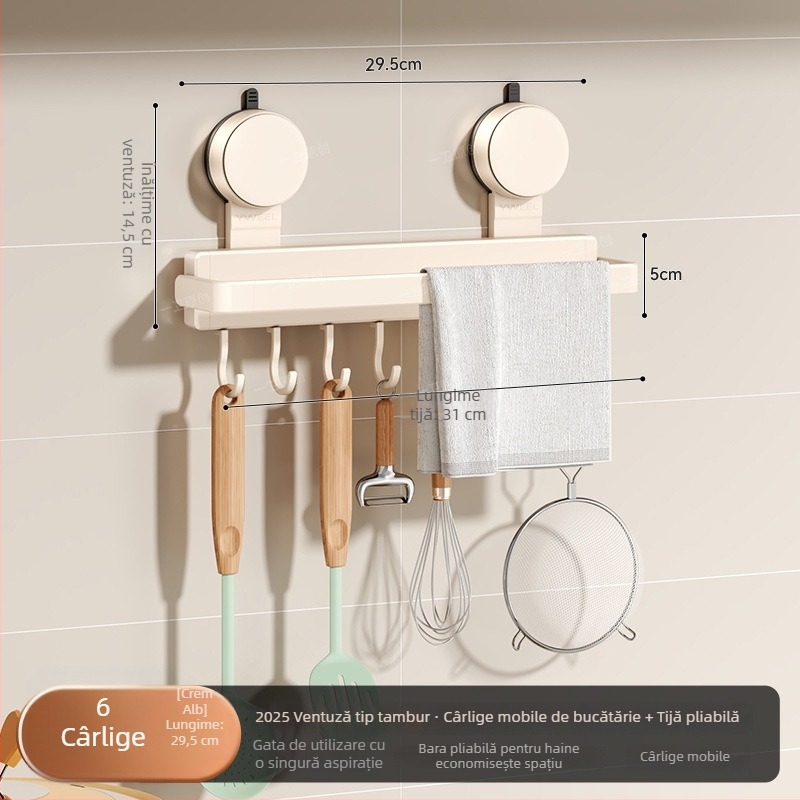 Raft de bucătărie cu ventuză pentru perete, cârlige pentru spatule și linguri, spațiu de depozitare pentru cârpe