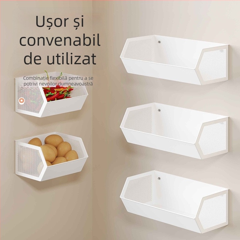 Raft de bucătărie montat pe perete pentru ceapă verde, ghimbir și usturoi; coș de colț pentru legume и fructe