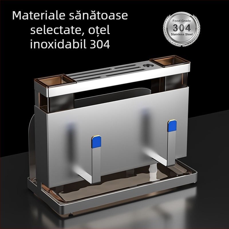 Suport pentru cuțite din oțel inoxidabil 304, montat pe perete, cu blat de tăiere integrat și bețișoare
