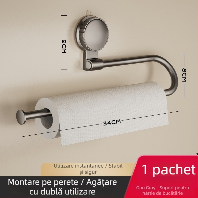 Suport aspirator de bucătărie pentru hârtie de bucătărie, folie și prosoape – montaj fără găuri, agățat în dulap