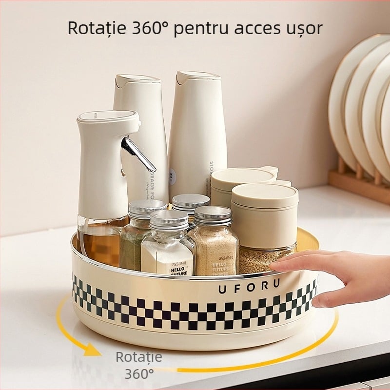 Raft rotativ pentru condimente, bucătărie, cu tavă de depozitare