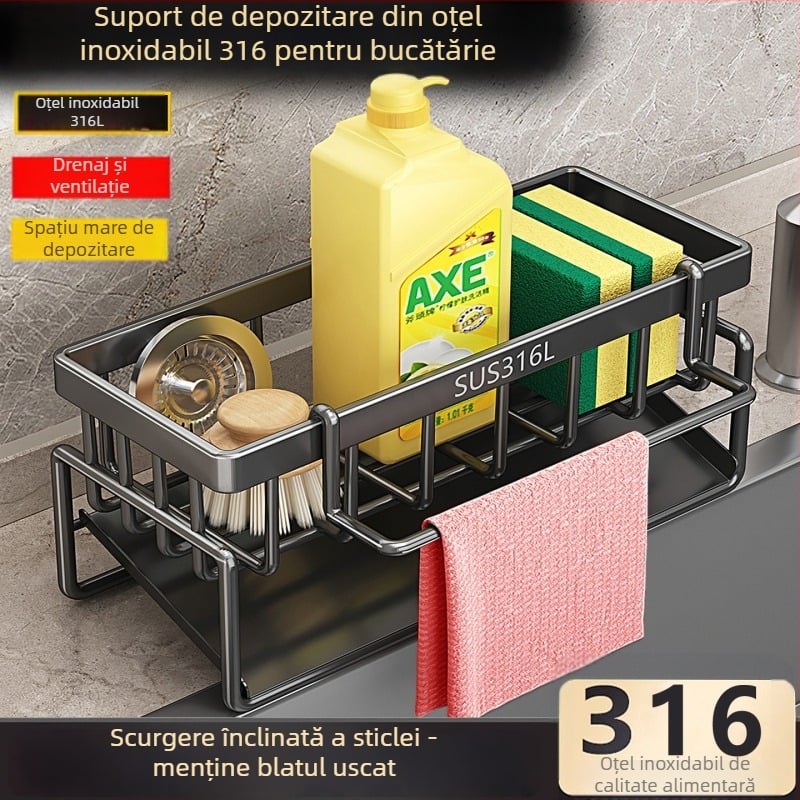 Raft de bucătărie din oțel inoxidabil cu tavă de drenaj și compartiment pentru cârpe, pentru chiuvetă