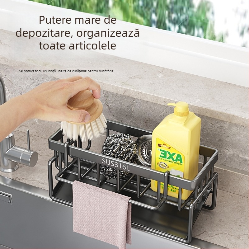 Raft de bucătărie din oțel inoxidabil cu tavă de drenaj și compartiment pentru cârpe, pentru chiuvetă