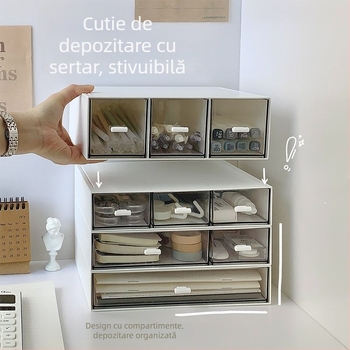 Organizator de birou din acrilic transparent, cu sertare, compartimente multiple, trei niveluri, capacitate mare