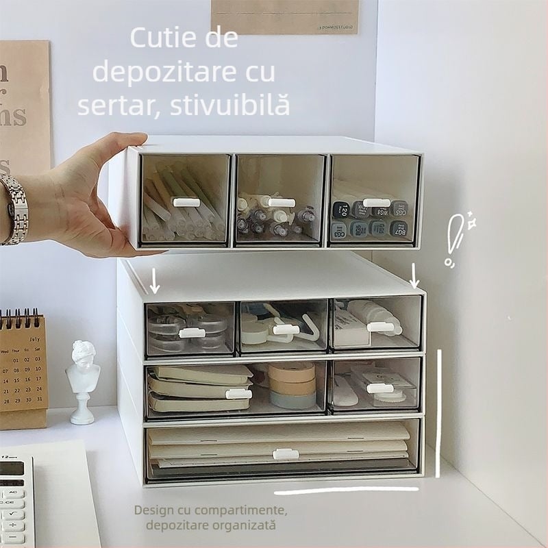 Organizator de birou din acrilic transparent, cu sertare, compartimente multiple, trei niveluri, capacitate mare